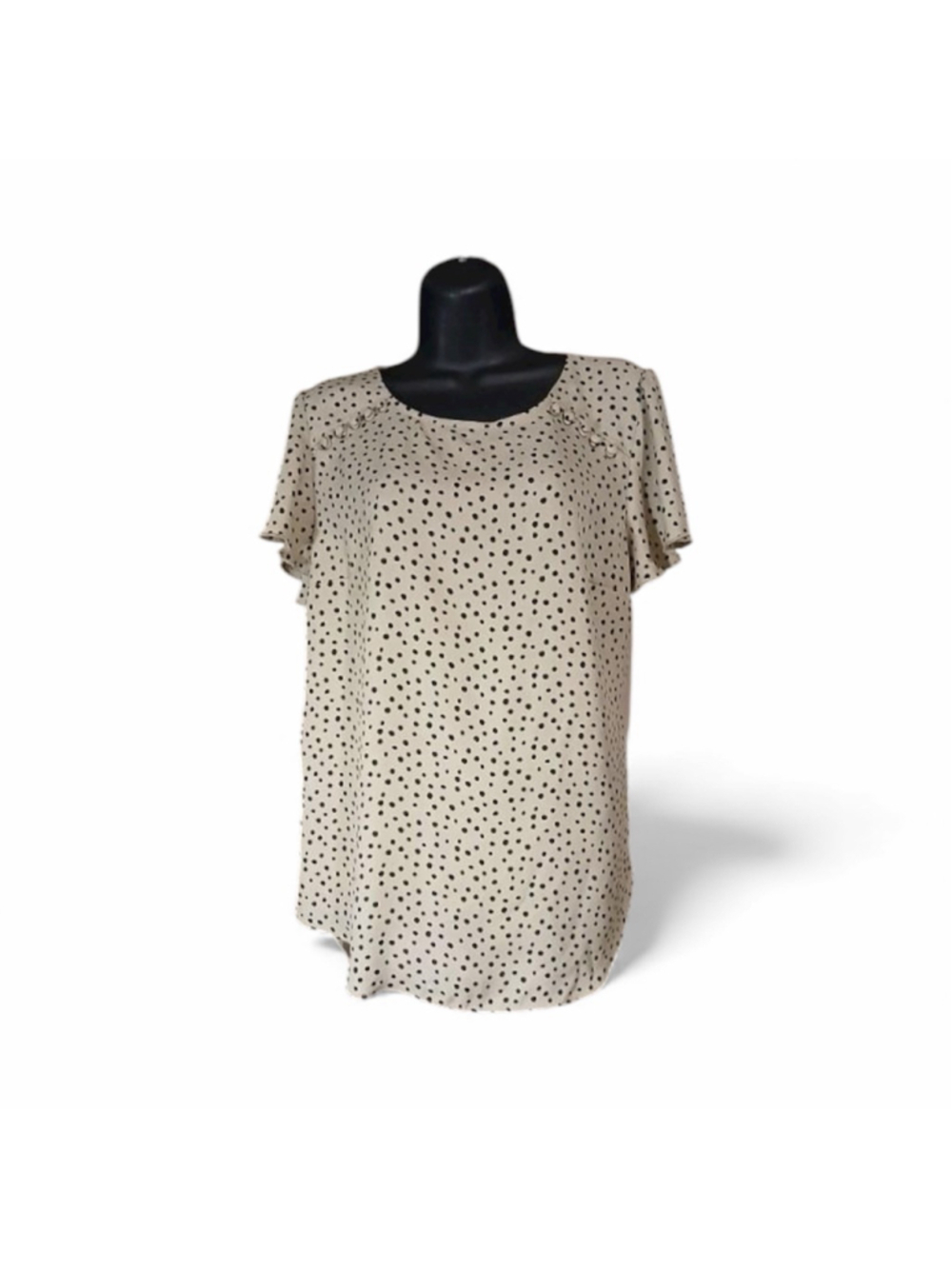 Fortune + Ivy Women’s Medium Polka Dot Short Sleeve Blouse – Beige & Black (JC11